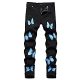 Men Fashion Butterfly Print Pants Button Zipper Custom Jeans Fit Irregular Ripped Leg Jeans Workout Hiking Pants