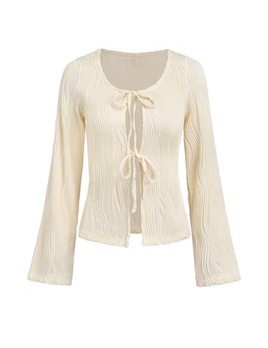 Womens Shrug Ribbed Cropped Cardigan Casual Lightweight Shrug Sweater Long Sleeve Tops Beige M