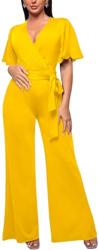 Image of PaladMom Womens Elegant Plus Size Jumpsuits Sexy Back zipper Short Sleeve Mid Waist Wide Leg Straight Rompers