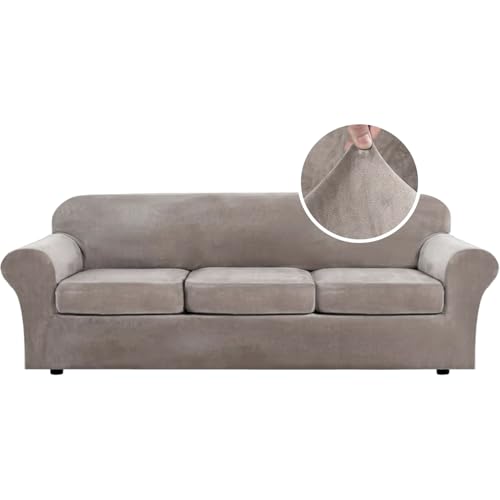 H.VERSAILTEX High Stretch Sofa Slipcover 4 Piece Cover Velvet Furniture Protector Form Fit Thick Velvet Extra Large Sofa Cover for 3 Cushion Couch Width Up to 97 Inch (Large Sofa, Taupe)