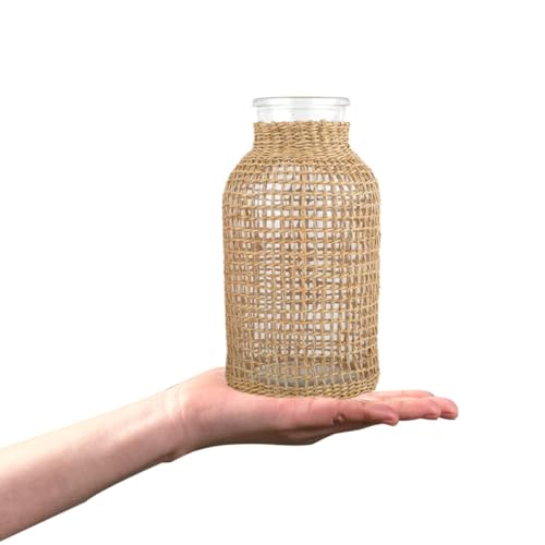 Vase à fleurs en verre contenant pratique tressé en rotin - 5