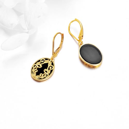 Gold Black Earrings Yellow Gold Oval Drop Earrings 10k Gold Black Onyx Filigree Boho Dangle Earrings Jewelry Christmas Gifts for Women4