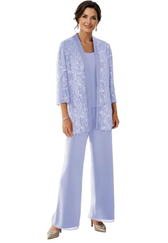 3 Piece Chiffon Mother of the Bride Pant Suits with Lace Jacket DMS01