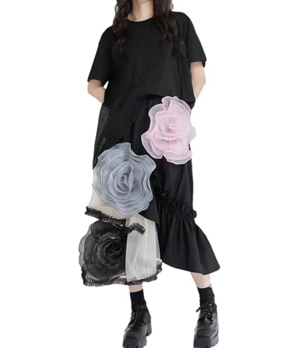 Women's Vintage Midi Skirt Patchwork Decoration Asymmetric Hem Tulle Ruffles Party High-Waisted