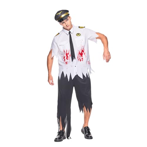 EraSpooky Zombie Pilotenkostüm für Herren Halloween Blutiges Flugkapitän Outfit mit Mütze und Krawatte