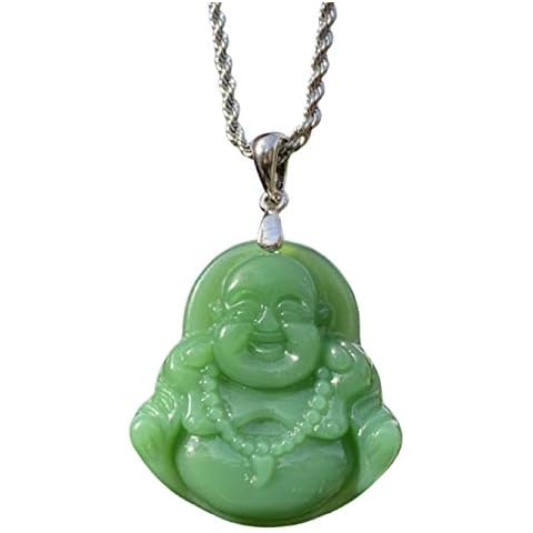 Shop-iGold Mens Womens Luck Happy Green Jade Buddha Pendant Laughing Buddha Statue Silver Chain Necklace Pendant, Buddha chain, Buddha Necklace Cover