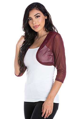 Image of Fashion Secrets Junior`s Sheer Chiffon Bolero Shrug Jacket Cardigan 3 /4 Sleeve (X Small, Burgundy /Wine)
