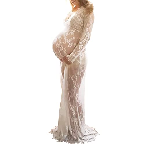 Robe maxi femme enceinte col-V manches longues en dentelle respirante et extensible