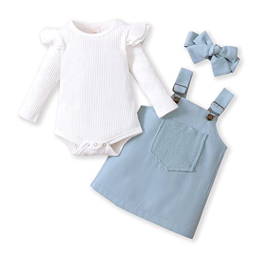 Patpat Newborn Baby Girl Clothes Ribbed Long Sleeve Romper Solid Suspender Dress With Headband Infant Overall Dress 9-12 Months #TOP15