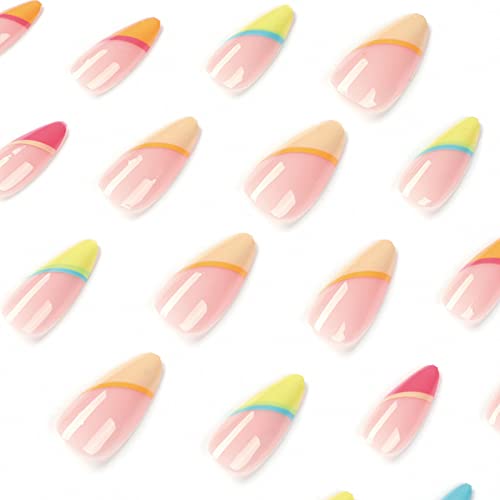 24Pcs Press On Nails Medium Length Fake Nails French Tips Rainbow Glossy Acrylic False Nails With Designs Stick On Nails For Women & Girls #TOP1