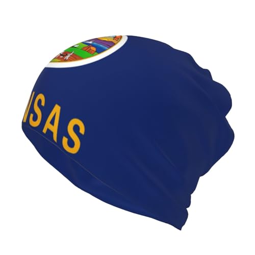Image of Kansas State Flag Print Multifunction Beanie Hats for Men Women,Soft Stretch Cap Fashion Scarf for Jogging Cycling, Black, S
