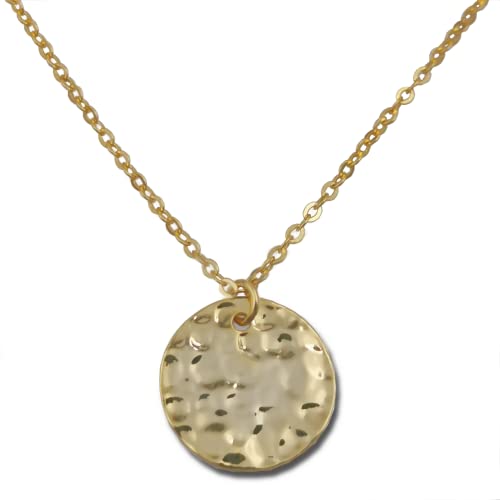Bella&Quinny filigrane Damen Halskette mit Anhänger Coin. Plättchen in gehämmertem Finish und feinem Lichterspiel im Goldglanz, Kette und Anhänger in 925er Sterling Silber mit 18 Karat Gold platiniert Cover