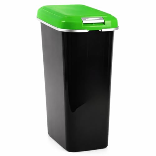 Cubo de Basura con tapa, cubo basura moderno, Cubo basura Plástico con tapa plegable, Contenedor residuos, 51.5  cm Altura x 22 cm ancho x 37 cm largo, Capacidad 25 Litros, Color negro tapa verde