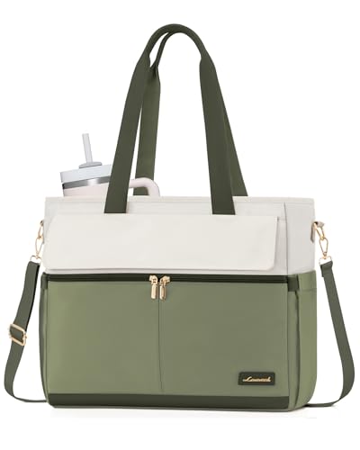 Image of LOVEVOOK Laptop Bag for Women 15.6 Inch Canvas Laptop Large Capacity Work Bags Mutiple Pockets Teacher Bag Water Resistant Computer Bags for Business Travel Nurse, Green Beige