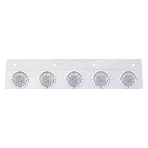 Image of United Pacific 61717 Mud Flap Hanger, Mud Flap Plate, Top, Stainless, with Five 9 LED 2 inch Lights & Visors, Red LED /Clear Lens