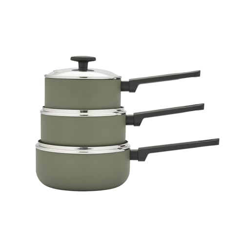 Morphy Richards Juego de 3 cacerolas de aluminio reciclado, cacerolas de 16 cm, 18 cm y 20 cm, revestimiento antiadherente, asas suaves al tacto, aptas para todas las cocinas, verde, 859000