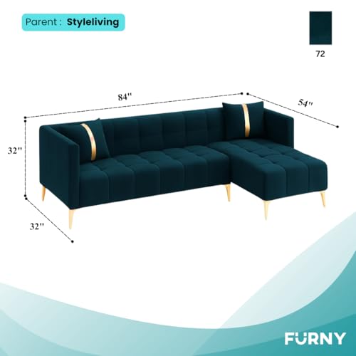 Image of Furny Styling 4 Seater Fabric RHS L Shape Sofa Set (Greenish Teal) | Soft Velvet Fabric | Modern Design | Comfortable Seating | Living Room Furniture
