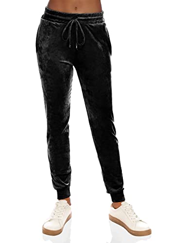 Always Women's Velvet Velour Joggers - Solid Basic Premium Soft Stretch Warm Winter Sweatpants Pants Black Us S (Tag S/M) #TOP1