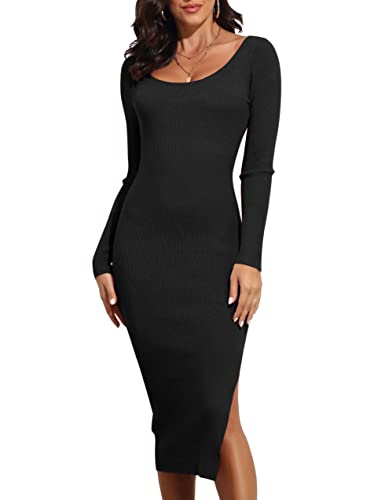 Prettyguide Women'S Long Sleeve Fall Bodycon Sweater Dresses Scoop Neck Slim Fit Knit Midi Maternity Dress Black M thumb #1