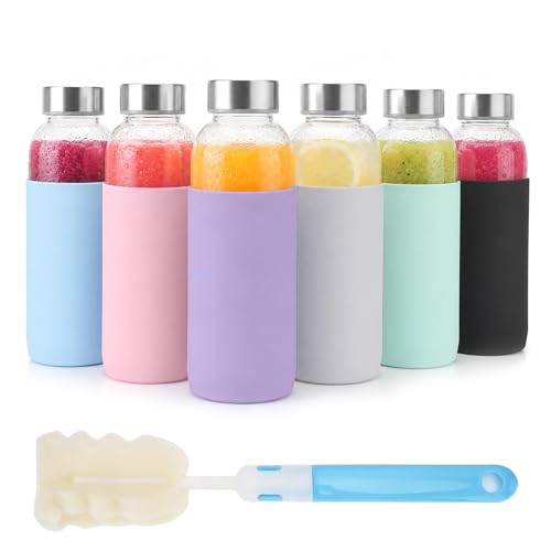 Image of Luxfuel 16 oz Glass Water Bottles with Lids and Silicone Sleeve 6 Pack | Leak Proof Stainless Steel Lids, BPA Free, Reusable Glass Bottles for Juicing, Smoothies & Refrigerator, Dishwasher Safe