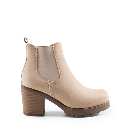 DREAM PAIRS Women's High Chunky Heel Chelsea Ankle Boots Slip On Elastic Fall Heeled Booties Shoes,Size 5,Nude-Suede,FRE