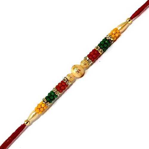 Image of co Multi Colour moti Rakhi for Brother for boy Men with Free rolli chawal Multi Color Size 7 inch