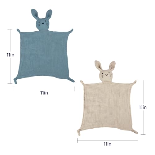 Image of 2 Pcs Set Organic Cotton Muslin Bunny Lovey Blanket, Soft & Breathable Baby Security Blanket, Ideal for Newborns (Khaki & Blue)