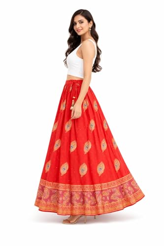 Image of Women's Red Kurti with Skirt Set, Peacock Feather Print, Embellished Neckline, Ethnic Wear