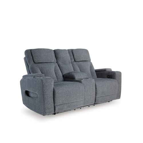 Image of Signature Design by Ashley RiverTest Power Reclining Loveseat with Console, 75 inch W, LED Lights and Easy View Adjustable Headrest, Performance Fabric, Home Theater Seating, Steel Gray