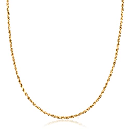 Barzel 18K Gold Plated Rope Chain Necklace - Made In Brazil (2 Milimeter, 22 Inches) #TOP4