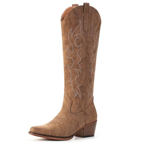 IUV Knee High Cowboy Boots for Women-Wide Calf Embroidered Cowgirl Boots Pointed Toe Chunky Heel Slip On Retro Western Tall Plus Size Boots for Party & Concert