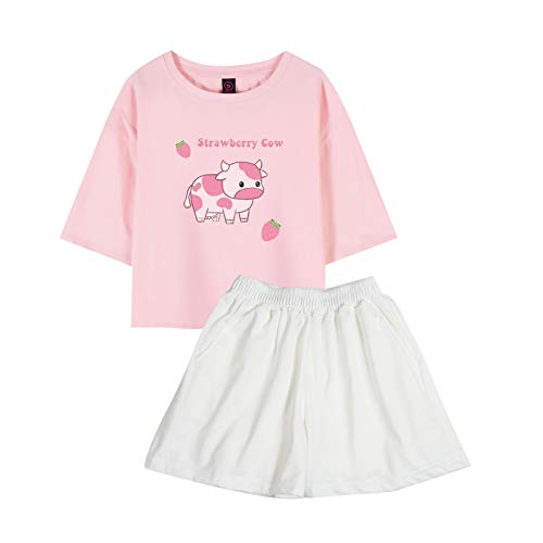 Image of KEEVICI Girls' Cute Strawberry Cow Print T Shirts Short Sleeve Crop Cotton Tops
