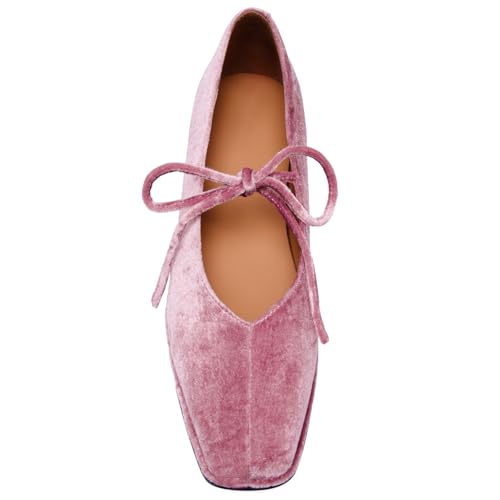 Image of Lace up Ballet Flats Women Square Toe Mary Jane Flats Bow Slip On Comfortable Ballerina Shoes