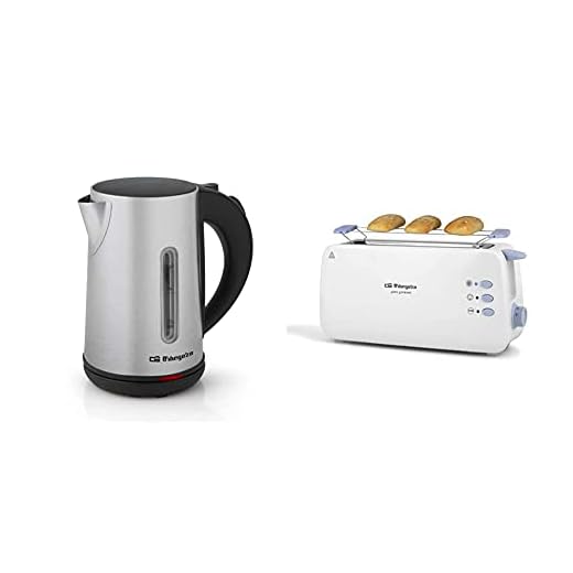 Orbegozo KT 6022 Hervidor de agua eléctrico, 0.8 litros de capacidad, acero inoxidable + TO 4012 Tostadora de ranura larga, calienta panecillos, 7 niveles de tostado