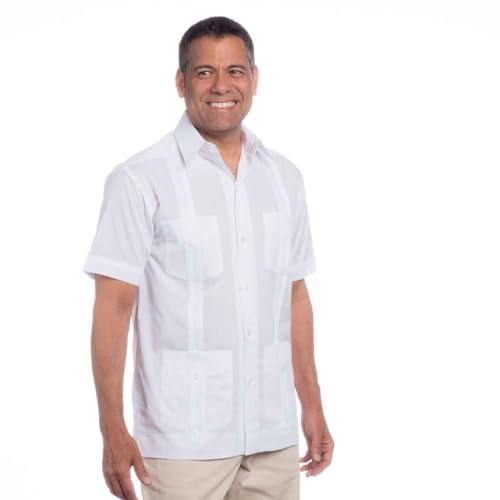 Traditional Cotton Blend Guayabera Men’s Short Sleeve Shirt (White, Large)