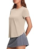 PINSPARK Women Workout Tops UPF 51+ Athletic Shirt Short Sleeve Pickleball T Shirts Side Slit Tennis Top Breathable Yoga Tshirt, Light Khaki Medium