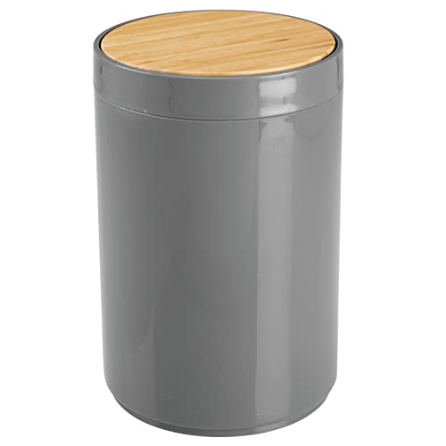Image of mDesign Plastic Round Trash Can Small Wastebasket - Garbage Bin Container with Swing-Close Lid - Bathroom Garbage Basket - Holds Waste, Recycling - 1.3 Gallon - Basa Collection - Charcoal Gray /Natural