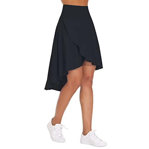 THE GYM PEOPLE Women's High Waist Wrap Ruffle Hem Asymmetric Skort High Low Flowy Midi Skirt with Shorts Medium Black