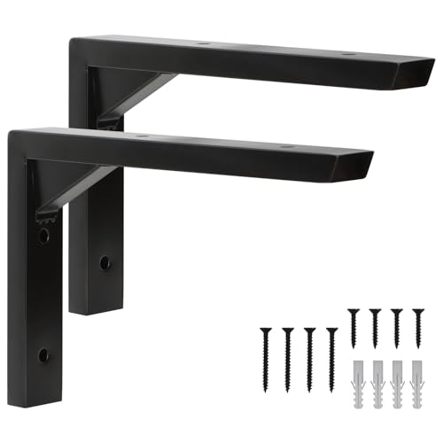 Terafeels L字型 吊り棚金具, 棚受けブラケット, 目立たない 棚補強用 ビス付属 アイアン製 ,棚うけ 金具 l字金具 (黒 2本 15cm)