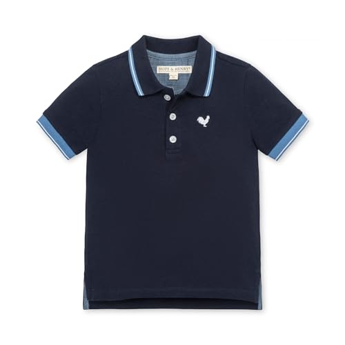 Hope & Henry Baby Boys' Organic Short Sleeve Knit Pique Polo Shirt, 6-12 Months, Navy with Blue and White