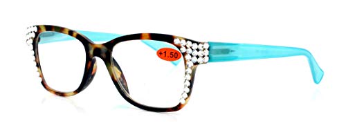 Madison Square, Bling Women Reading Glasses With Clear Genuine European Crystals +1.50 +2.00 +2.50 +3.00 Tortoise Shell Frame And Aqua Blue Temple. Ny Fifth Avenue. (Wide Frame) #TOP2