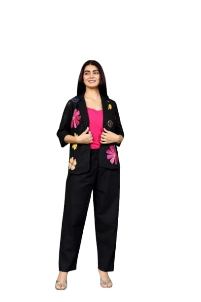 Women's Black Floral Embroidered Blazer Jacket with Inner and Trousers, Three-Piece Ensemble-image-16