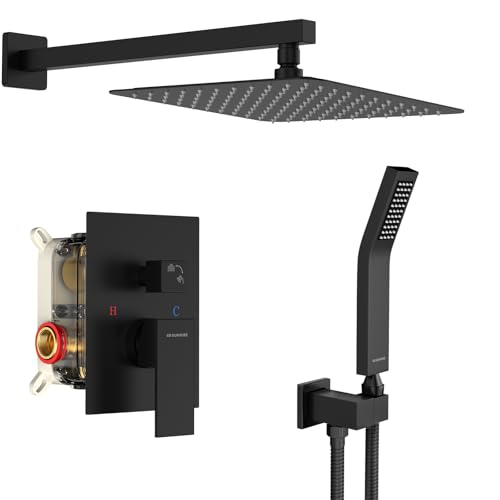 SR SUN RISE Black Square Rainfall Shower Head and Handle Set, Wall Mounted Shower Fixtures, Metal Shower Faucet Trim Repair Kits (With Shower Valve)