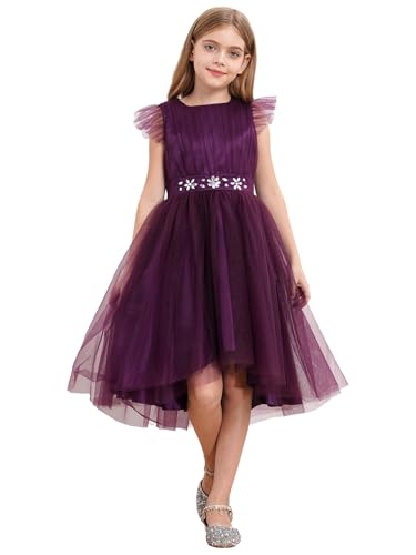 Xnihocha Elegante vestido de niña festivo Midi flores niña vestidos sin mangas vestido de dama de honor vestido de fiesta, morado oscuro, 134-140