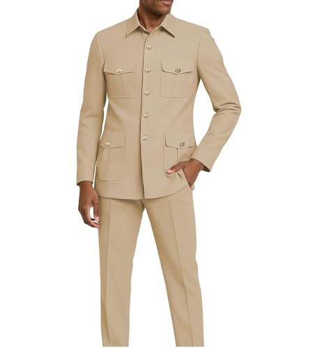 Mens 2 Piece Safari Suits Stand Collar Formal Suit Regular Fit Suit Jacket Multi Pocket Blazer Pants Set for Men2