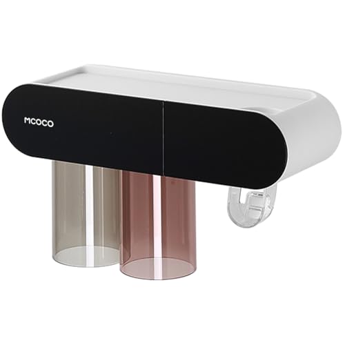 MCOCO Toothbrush Holders for Bathrooms Wall Mounted Magnetic Toothbrush Holder with Large Capacity Tray and Drawer Tooth Brush Holder 2-Cup Black