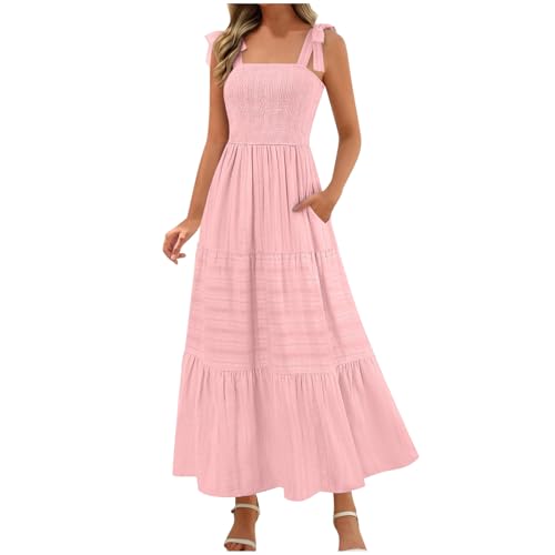 Sommerkleid Damen Lang Gesmoktes Trägerkleid Sommer Ärmellos Maxikleid A Linien Gestuftes Strandkleid Einfarbig Freizeitkleid mit Tashcen