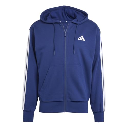 adidas Men's ESSENTIAL THREE STRIPES FRENCH TERRY FULLZIP HOODIE, Dark Blue/White, L