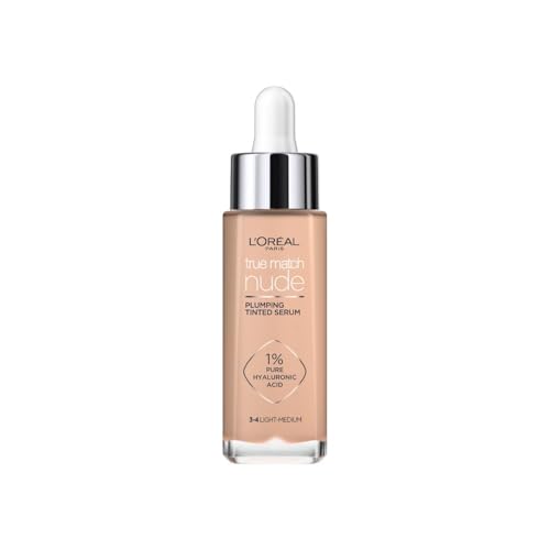 L'Oréal Paris Nude Tinted Serum for Face, Plumping and Hydrating Face Makeup, 1 Percent Pure Hyaluronic Acid, Nude Foundation to Cover, Replumps and Hydrates Skin in One Hour, Shade 3-4 Light Medium