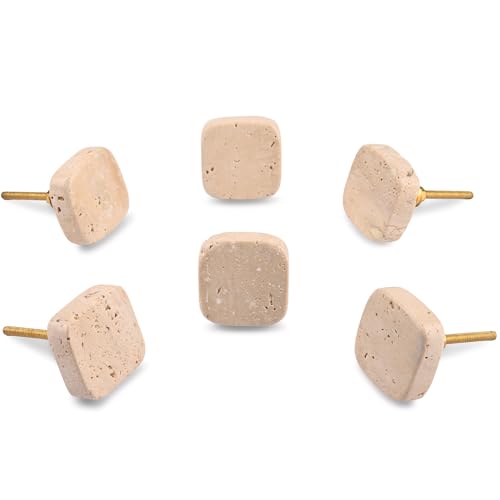 Perilla Home Set of 6 Marble Knobs for Cabinet & Drawers Decorative Travertine Square Knobs for Home Kitchen Cabinet Hardware Cupboard Glass Door Dresser Wardrobe Pulls (Beige)